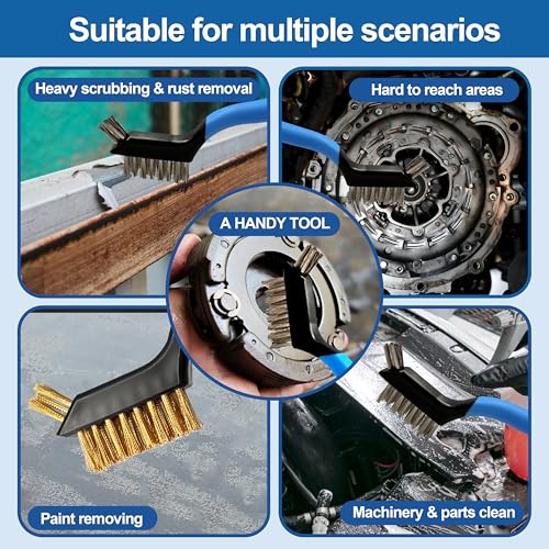 Image of Mini Wire Brush Set 6Pcs - Nylon /Brass /Stainless Steel Bristles with Curved Handle Grip for Rust, Dirt & Paint Scrubbing with Deep Cleaning