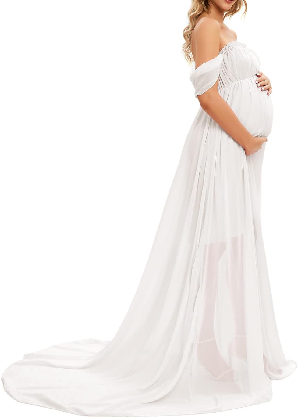ZIUMUDY Maternity Off Shoulder Chiffon Dress Maxi Gown for Photoshoot Photography Baby Shower Dress - Image 4