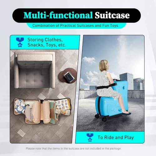 20" Kids Ride on Suitcase, Childrens Travel Trolley Luggage with Combination Lock/Safety Belt/Telescoping Handle for Kids Aged 3-6 Years Old (Blue)3