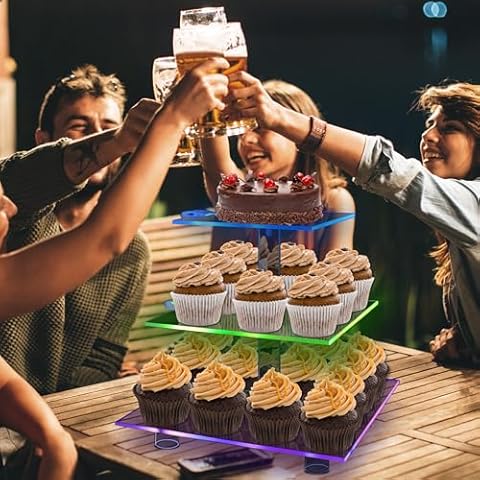 LoveDisplay 5 Tier Round Cupcake Stand for 50 Cupcakes + 3 Tier Square 7 Colors Light Cupcake Tower Cover