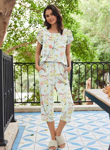 Image of Ekouaer Women's Capri Pajama Set Short Sleeve Mumu Pjs Pleated Top Capri Pants with Pockets Sleepwear Lounge Set