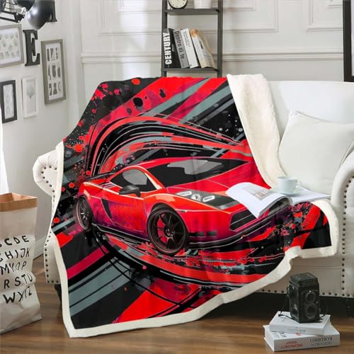 Car Blanket For Boys Racing Sports Car Throw Blanket Kids Extreme Sports Game Flannel Blanket Decor Girls Children Bedroom Teens Red Cool Speed Automobile Honeycomb Sherpa Blanket Queen 90