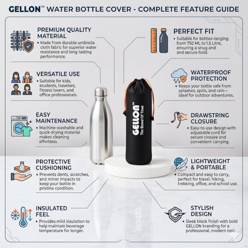 Image of Gellon Bottle Cover In Umbrella Cloth For 750 ML, 1 L to 1.5 Litre Water Proof Drawstring Closer For Travel, Hiking, Office & School Kids In Black Color (Black Color)