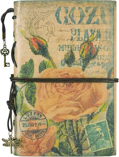 Image of Vintage Refillable Journal, Premium Leather Traveler Notebook Sketchbooks Classic Diary Planner with Blank Pages and Zipper Pocket (Leather Journal-Pink Flowers)