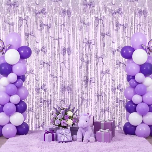 Image of TONIFUL 2Pcs Laser Purple Bow Metallic Tinsel Foil Fringe Curtain Streamers