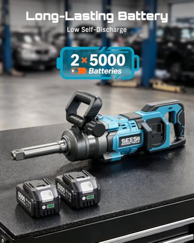 Image of Seesii Cordless 1 inch impact gun 2581.47 FT-LBS(3500 N.m) High Torque Impact Wrench 7.88 inch Extended Anvil with 21V 2x5.0 Ah Battery, 5 Sockets&storage bag, for Truck,Tractor&Agri-Service,Construction
