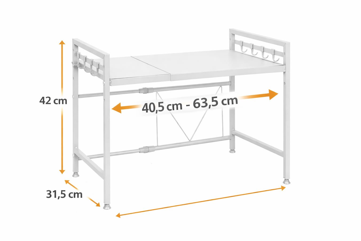 Mensola Estensibile Salvaspazio da Cucina, Supporto per Microonde e Fornetto Elettrico in Metallo con 8 Ganci Laterali e Piedini Regolabili, 40,5-63,5 x 31,5 x 42 cm (Bianco)