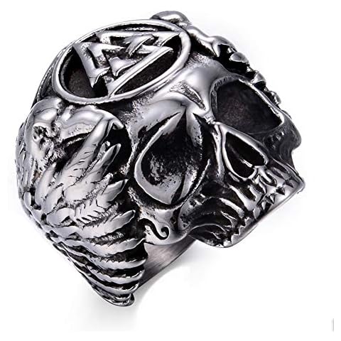 Vintage Viking Warrior Skull Finger Ring, Norse Mythology Odin Raven Talisman Ring, Retro Stainless Steel Finger Ring, Scandinavia Jewelry, 8-14 More Suitable for You,13 Cover
