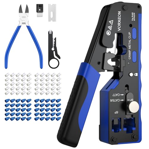 Outil de sertissage professionnel RJ45 Cat 7 pour connecteurs réseau | 50 connecteurs LAN pass-through Cat7/Cat6A/Cat6/Cat5e RJ45 pour prises Ethernet