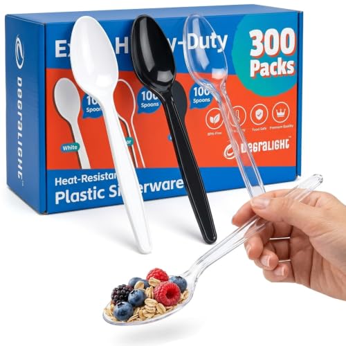 300 Count Disposable Plastic Spoons - Clear, Black, White Party Cutlery