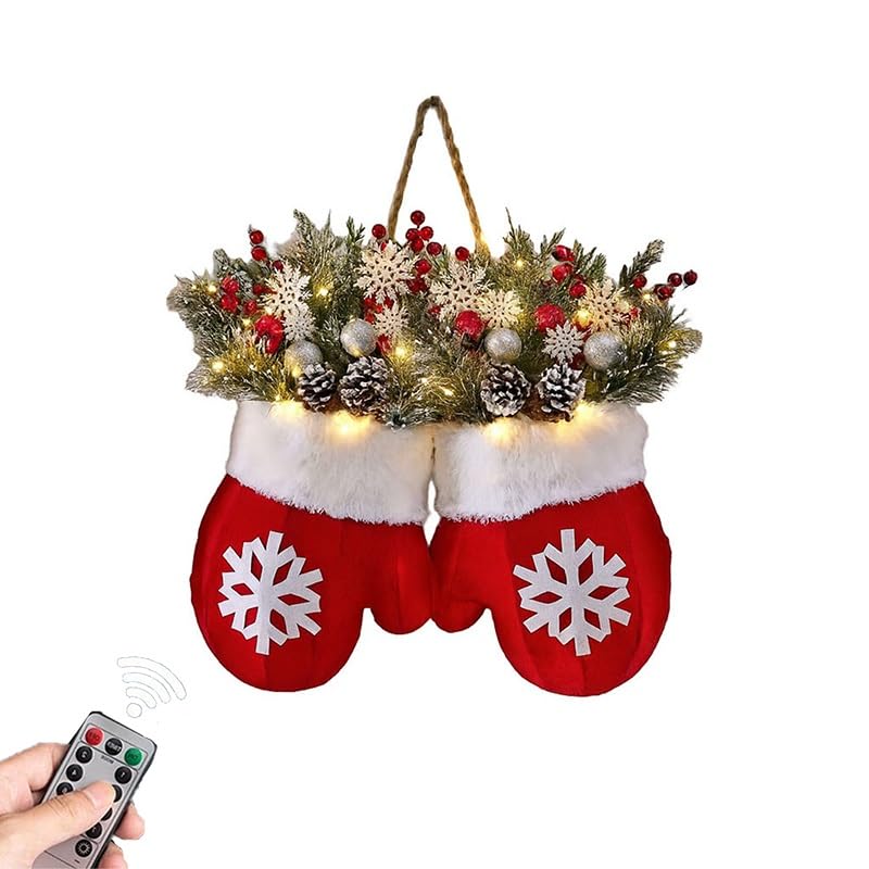 Funkelnder Weihnachts-Fäustling-Kranz mit LED-Lichtern und...