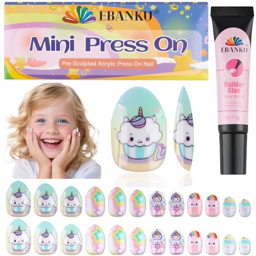 EBANKU 1 kit de uñas postizas para niños, 24 piezas de uñas postizas a presión para niños con pegamento de uñas, lindas uñas postizas postizas cortas a presión para niñas