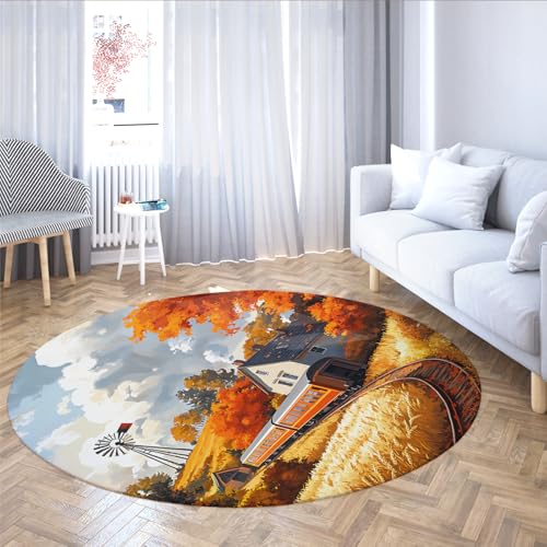 Alfombras redondas de paisaje de otoño para sala de estar 150 cm Alfombra de círculo lavable de campo de trigo rústico estampado de ferrocarril de otoño para comedor Habitación de invitados