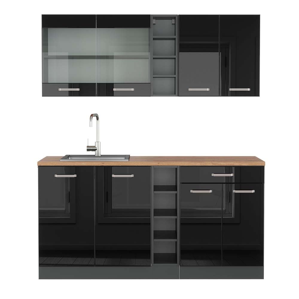 Vicco Cucina completa R-Line, Nero lucido/antracite, 160 cm