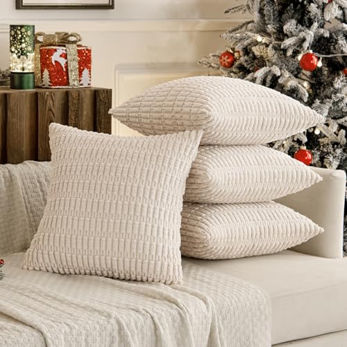 Miulee CAMAISHUI_CORDUROY_4P_4545_2 Pack Of 4 Cream White Corduroy Decorative Christmas Throw Pillow Covers 18X18 Inch Soft Boho Striped Pillow Covers Modern Farmhouse Home Decor thumb #1