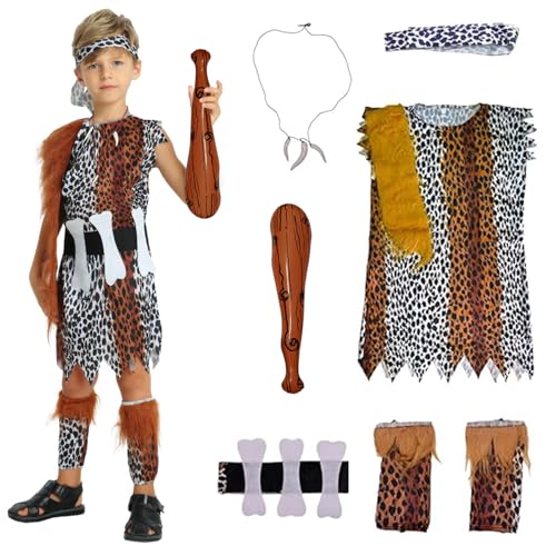 HTTDSLF Traje de cavernícola para menino e menina, troglodita pré-história, Caveman Fancy Dress Costume for Children, disfarce carnaval criança