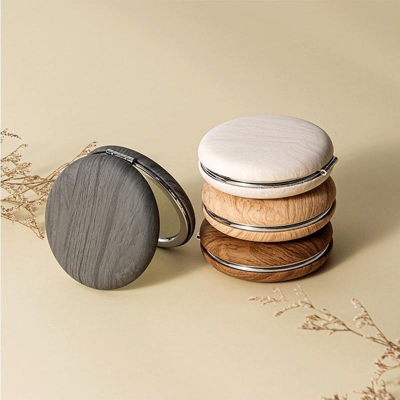 Premium Portable Compact Makeup Mirror Wood Grain PU Leather Double Sided Magnifying Pocket Mirror Foldable Travel Cosmetic Mirror for Women-image-42
