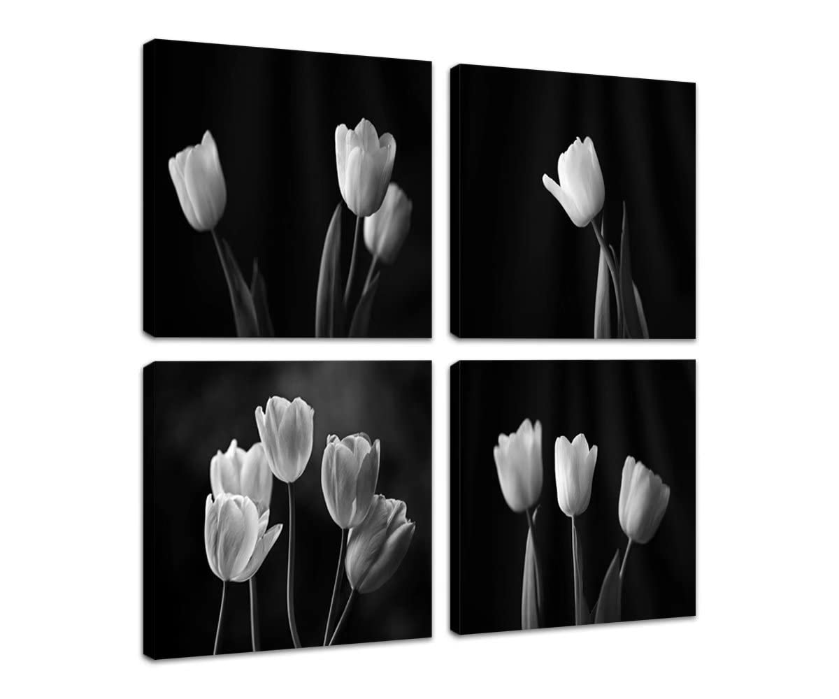 Heatsprits Tulips Pictures Wall Decor Black and White Tulips Flower Painting Prints 4 Panels Flowers Canvas Wall Decor Framed Modern Home Artwork for Bedroom Kitchen Ready to Hang(16''W x 16''H x 4)