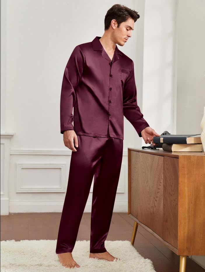 SWOMOG Men Pajamas Matching Pajamas Set Silk Satin Women Pj Set Long Sleeve Button Down Sleepwear 2 Pcs Loungewear Deep Wine Red Medium3