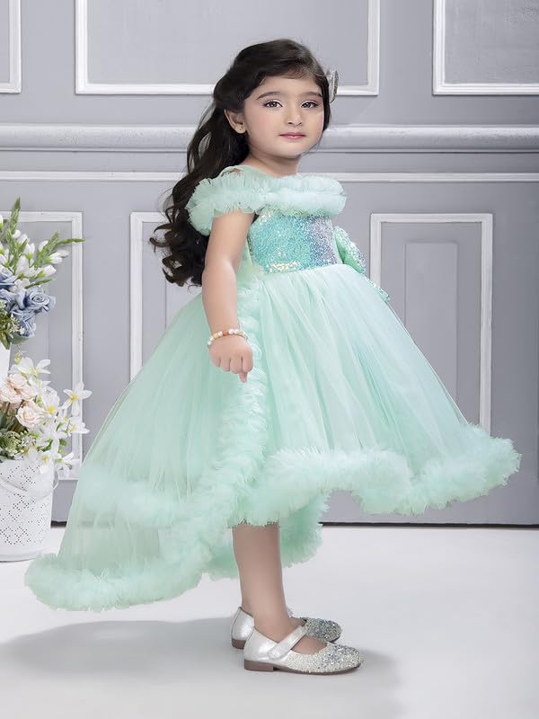 Image of Ministitch Kids Girls Barbi Tail Look Sequence Yoke Net Off Shoulder Party Bithday wear Frock and Dresses