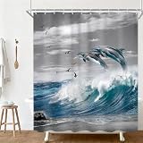 Ufeela Ocean Beach Dolphin Shower Curtain Coastal Summer Blue Sea Waves Sealife Nautical Animal Cool Sunset Nature Scenic 60Wx72L Inch Bathroom Set Grey Sky Bath Curtain Bathtub Accessories Home Decor