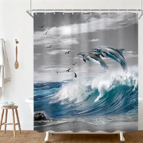 Ufeela Ocean Beach Dolphin Shower Curtain Coastal Summer Blue Sea Waves Sealife Nautical Animal Cool Sunset Nature Scenic 60Wx72L Inch Bathroom Set Grey Sky Bath Curtain Bathtub Accessories Home Decor