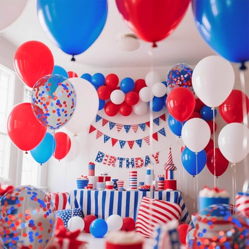 Image of Red White Blue Latex Balloons 68 Pack, 12 Inch Patriotic Balloons with Confetti, Party Decorations for 4th of July, Independence Day, Graduation, Birthday, Air Helium Fill.