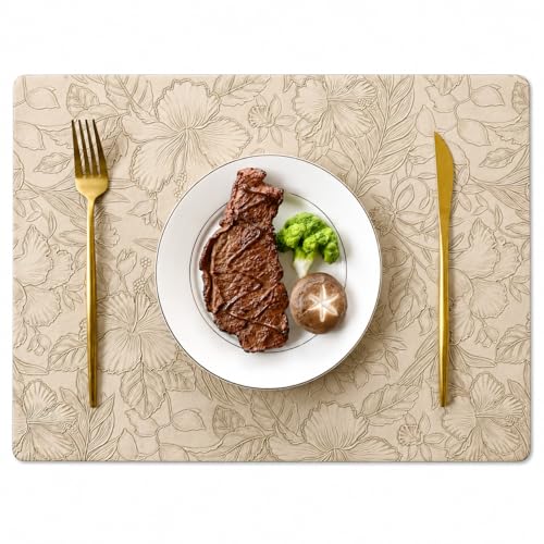 Image of Yelona Premium Faux Leather Placemat Set of 4 | Printed Floral Design, Waterproof & Heat Resistant Table Mat | Non-Slip, Washable for Dining, Kitchen & Home Decor (Beige, 43 x 30 cm)