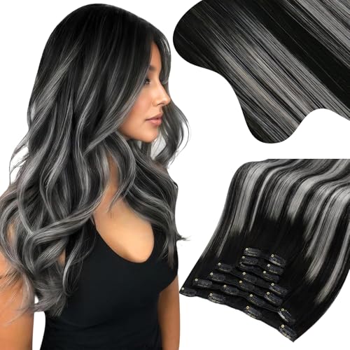 Image of Moresoo Black to Silver Clip in Hair Extensions 18in 135g for Thick Hair | Remy human hair clip in extensions, black mixed with silver grey, 135g 7pcs, double weft for bold highlighted looks