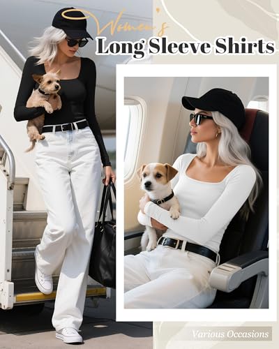 Riyiper 4 Pack Women's Square Neck Long Sleeve Tops Going Out Slim Fit Cotton Shirts Tight Layer Basic Tee 2025 Fall2