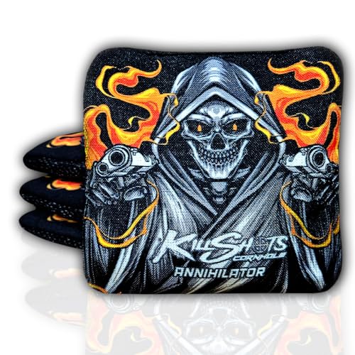 Killshots Cornhole | Annihilator Series | Limited Edition | Premium Cornhole Bags | Double-Sided Stick & Slide | Durable | Resin Filled | Regulation 6x6 16oz | Set of 4 (Black Reaper)