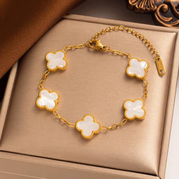 Image of STYOLLO Four-Leaf Clover Anti Tarnish Bracelet for Women & Girls Stylish | Elegant Gold-Plated Lucky Charm Jewelry | Aesthetic Enamel Design Adjustable Chain Bracelet for Daily, Gifting & Festive