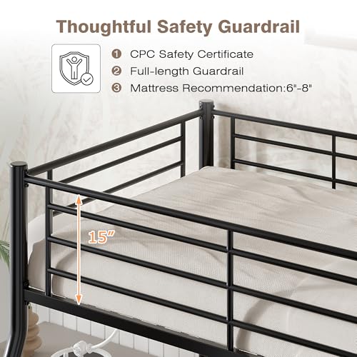 Image of VECELO Bunk Bed Twin Over Full, Metal Bunkbeds with Ladder and Full-Length Guardrail, No Box Spring Needed, Space Saving, Noise Free, Matte Black