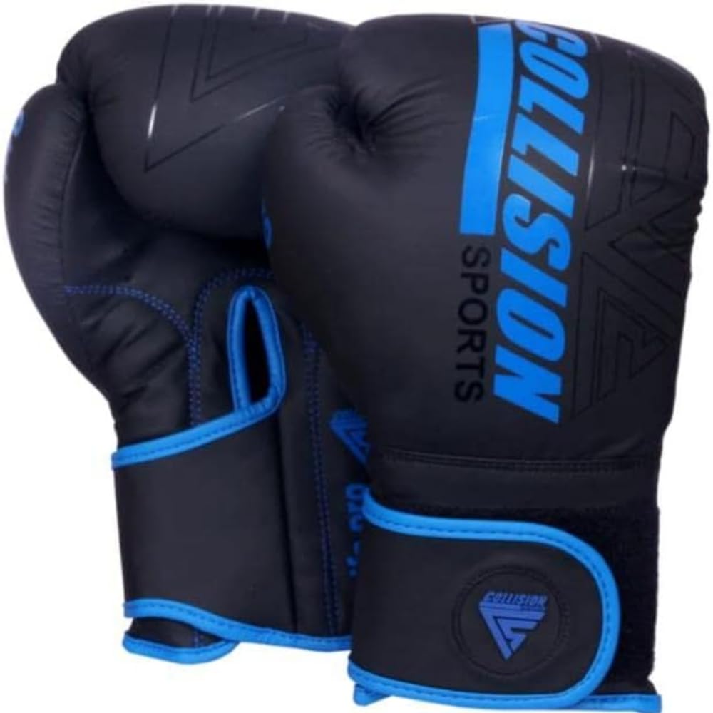 Collision Sports Professional Unisex Boxing Gloves | MMA Muay Thai Boxing Gloves For Training | Multi-Layered Ventilated Sparring Gloves (Blue/Black, 14 oz)