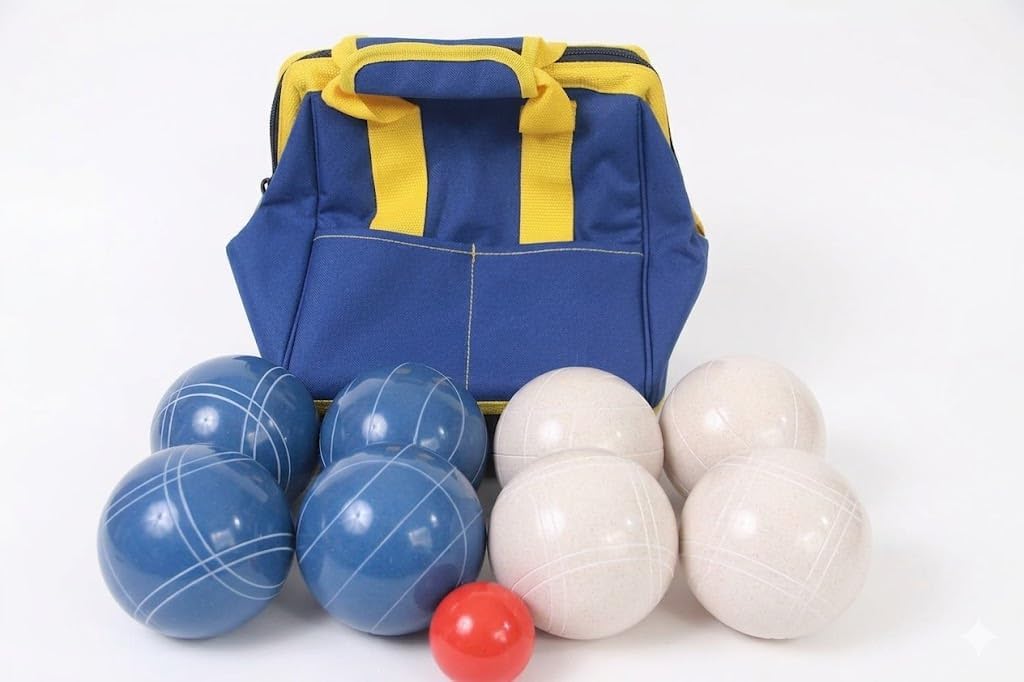 BuyBocceBalls Listing - Made in USA, Premium Quality Tournament Bocce Set - 110mm Blue and White Balls, Nylon Blue/Yellow Bag, 998 Grams (2 lbs. 3.2 oz.).