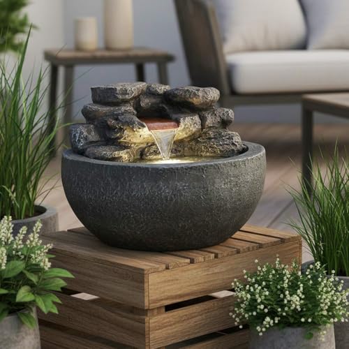 Runder Gartenbrunnen & Zimmerbrunnen TP3004 Ø42 cm – Kompakter Wasserfallbrunnen in Steinoptik...