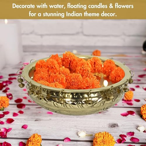 Image of Decorative Brass Urli Bowl with Bells | Traditional Indian Flower Bowl for Floating Diyas & Marigolds | Antique Gold Finish for Festive Decor (6 inch) (8 inch)