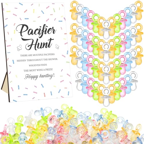 Image of Thyle 51 Pcs Confetti Sprinkle Baby Shower Games It's a Baby Sprinkle Party Decoration Pacifier Hunt Sign and 50 Acrylic Pacifiers Rainbow Confetti Sweet Donut Gender Reveal Party Decor