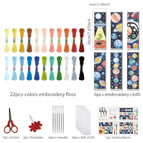 Image of FREEBLOSS 6 Set Cross Stitch Bookmark Kit Planets Pattern Stamped Cross Stitch Kit 11CT Embroidery Kits with Instructions for Beginners Adult 20x6cm /8x2.4inch