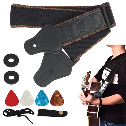 Schwarz Gitarrengurt, Verstellbarer Gitarrengurt Set in Schwarz, Baumwolle Mit PU Kunstleder, Inklusive 4 Gitarrenplektren, 2 Gurtschlössern Und 1 Kopfplattenadapter, Geeignet Für Akustikgitarren