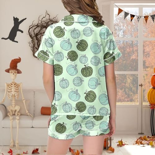 Satin 𝙋ajamas Set for Girl Halloween Skeleton Pumpkin Print 𝙋js 2 Piece Short Sleeve Button-Down Shirt with Shorts3