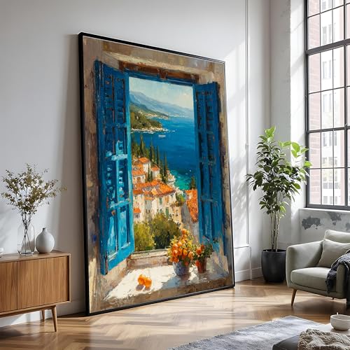 Tableau vue côtière et volets bleus XINBAO | Toile village balnéaire 21x30 cm