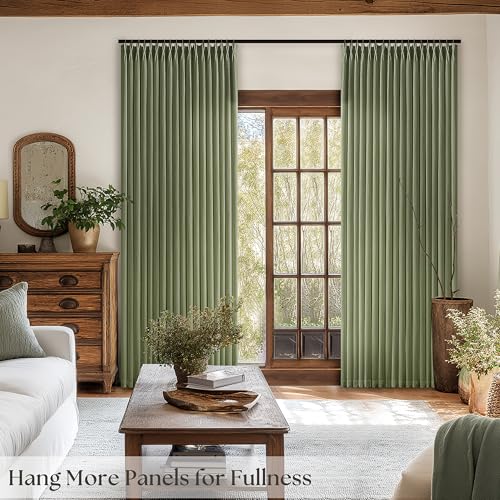 Image of Olive Green Linen Pinch Pleat Semi Sheer Curtains 96 Inch Long for Bedroom | Light Filtering Privacy, Living Room Apartment, Faux Linen Textured, Hook Rings Memory Shape, Luxury Elegant, Lightweight