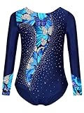 RUNQHUI Justaucorps Gymnastique Rythmique Fille Manches Longues Strass Imprimé Leotard Danse Ballet Tenue Patinage Artistique A Bleu marine 9 10 ans