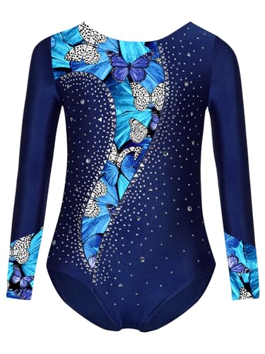RUNQHUI Justaucorps Gymnastique Rythmique Fille Manches Longues Strass Imprimé Leotard Danse Ballet Tenue Patinage Artistique A Bleu marine 9-10 ans