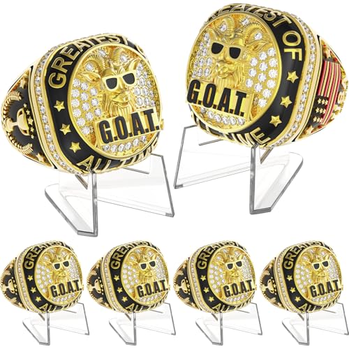 Misdary 6 Pcs Soccer Baseball Basketball Championship Rings with Holder Most Valuable Player Trophy Gold Ring Award Gift Team Prize for Football Tournament Winner (Goat)