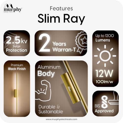 Image of Murphy Slim Ray LED Wall Light for Home Decor | 12W 3 Color Changing Wall Lamp | Warm White, Natural White & Cool White | Aluminium Body | 1200 Lumens | Gold Finish | 2 Year Warranty | Pack of 1