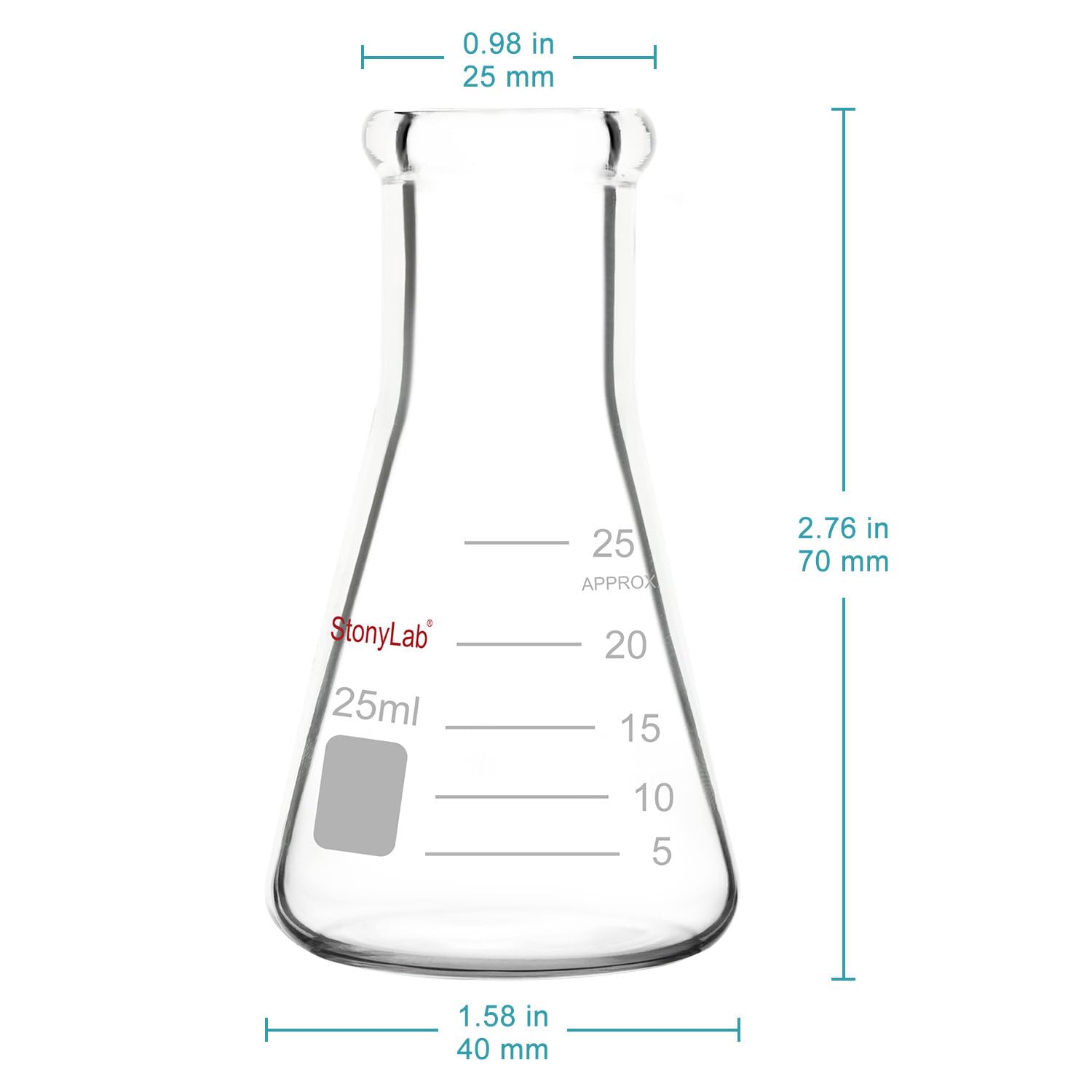 StonyLab 2-Pack Glass 25ml Heavy Wall Narrow Mouth Erlenmeyer Flasks with Heavy Duty Rim