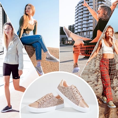 Image of AISFAES Glitter Sparkly Low Top Sequins Lace Up Tennis Shoes Comfort Bling Fashion Shiny Walking Shoes
