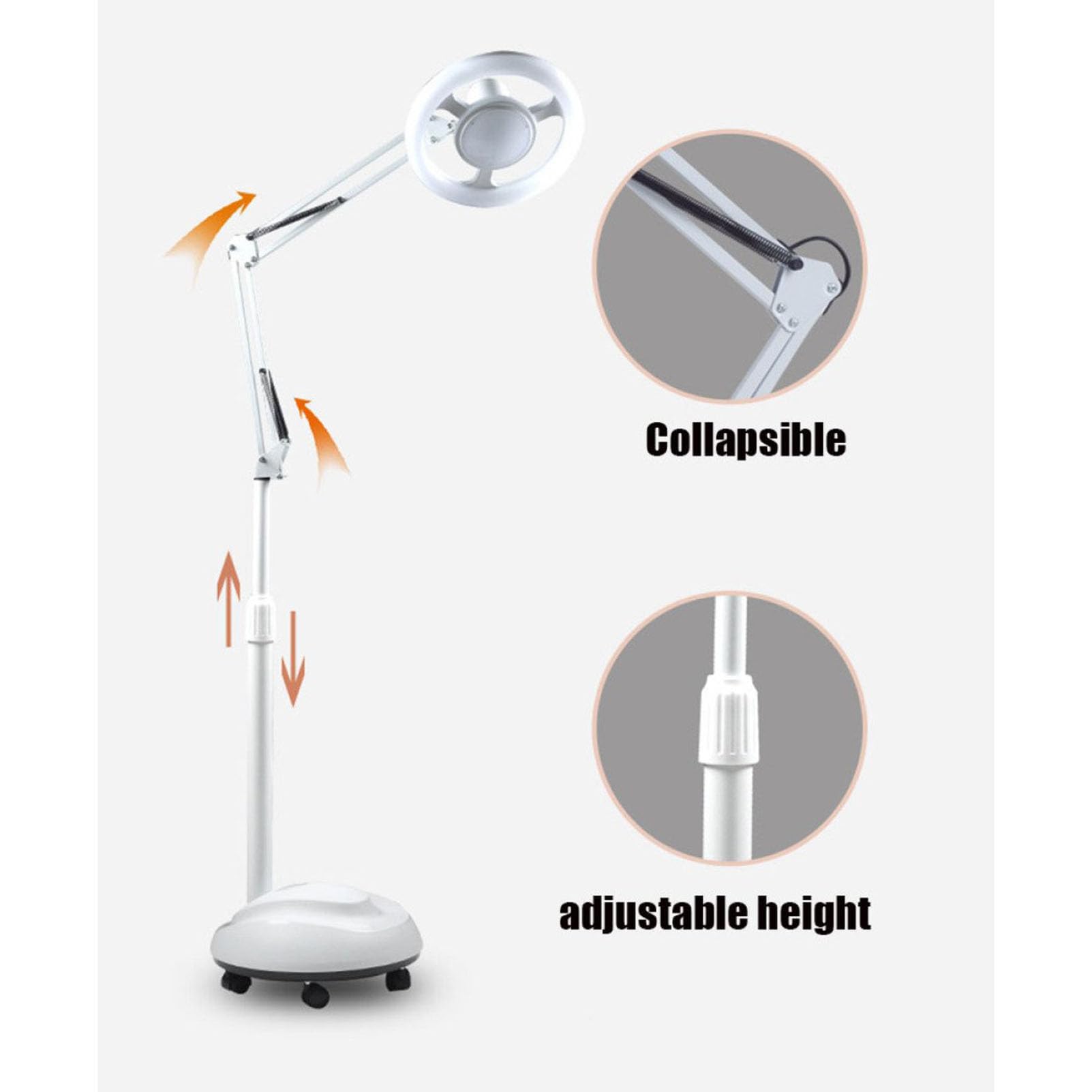 Lampada con lente d'ingrandimento di bellezza, luce fredda a LED, luce cosmetica di bellezza rotante con lente d'ingrandimento Lampada con lente d'ingrandimento da terra su ruote per la bellezza